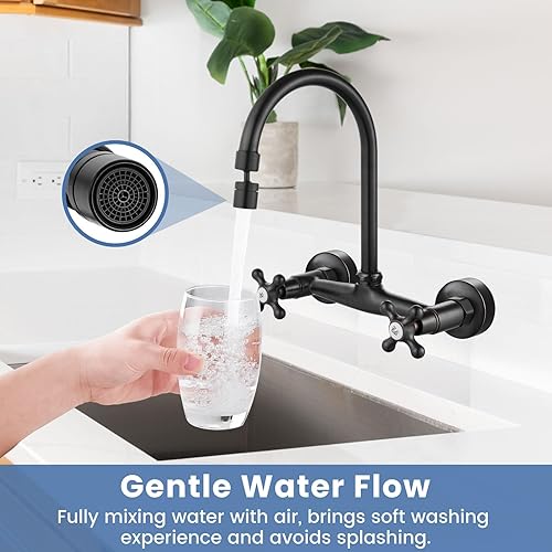 Vista 63 de Airuida Grifo de cocina de montaje en pared con rociador, grifo de fregadero de cocina montado en la pared, asas dobles cruzadas, boquilla giratoria