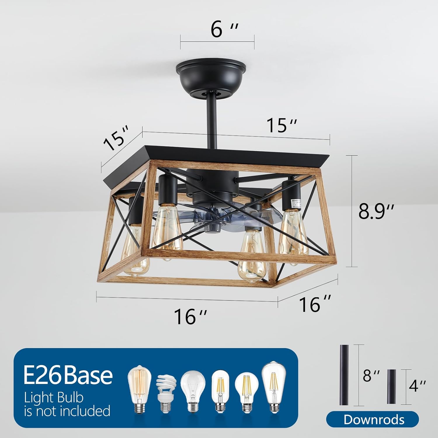 HuixuTe Ceiling Fan with Lights Remote Control, 6 Speeds Walnut Colored Farmhouse Industrial Ceiling Fan, Caged Ceiling Fan with Light for Bedroom Living Room Kitchen