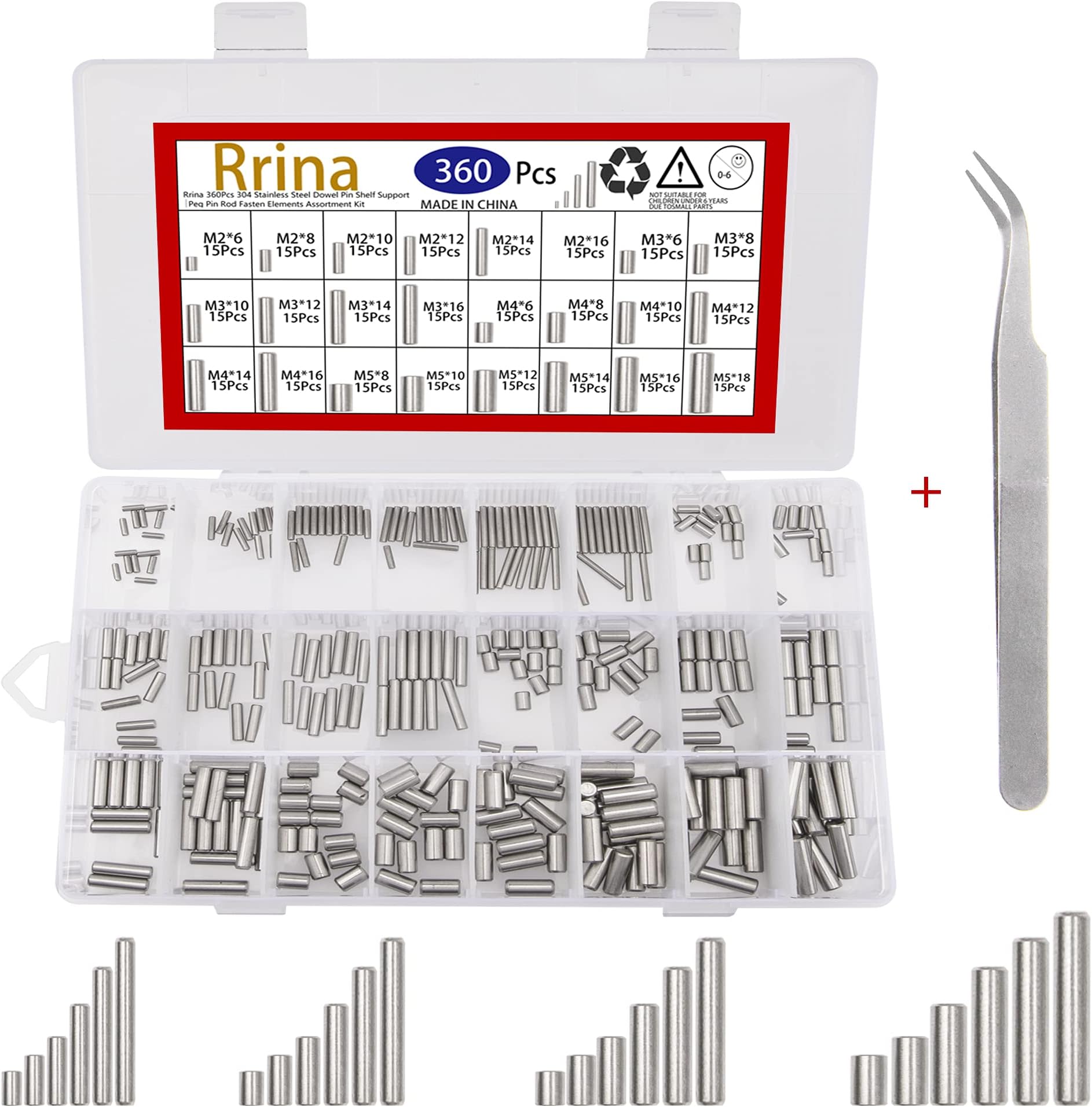 360Pcs 304 Stainless Steel Dowel Pin Shelf Support Peg Pin Rod Fasten Elements Assortment Kit, 24 Sizes M2 M3 M4 M5
