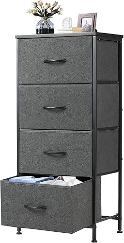 Miniatura 11 de DUMOS Mesita de noche con 4 cajones, mesa de noche con contenedores de tela extraíbles, marco de acero resistente, organizador superior de madera