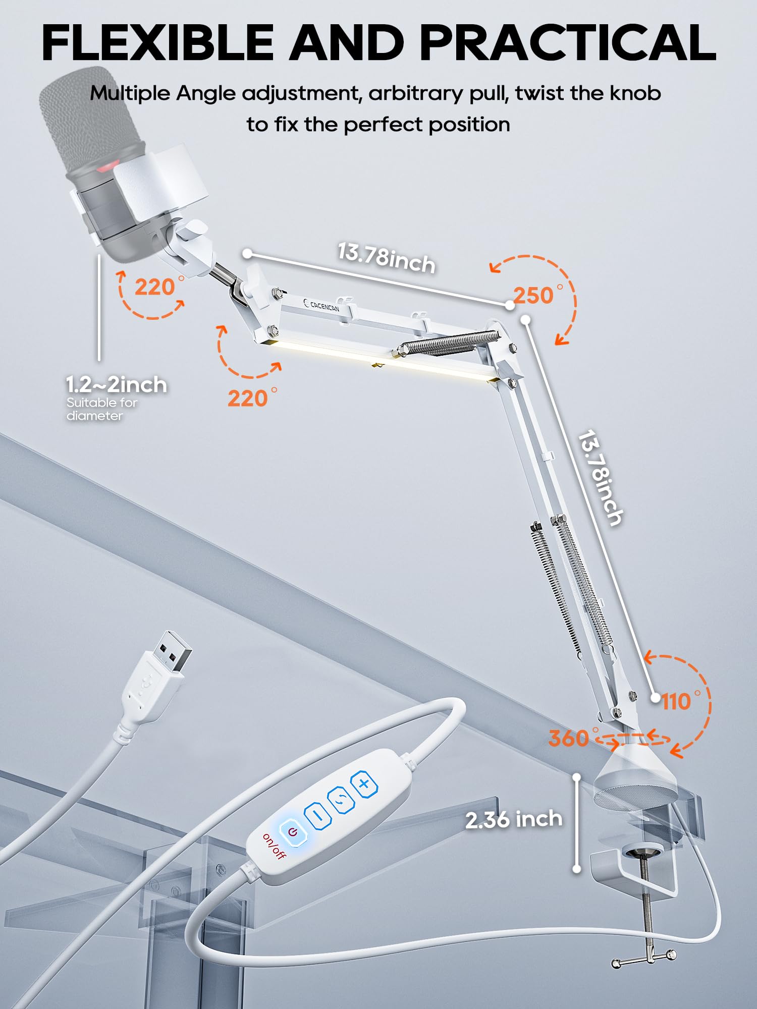 CACENCAN - Soporte de brazo de micrófono mejorado con gestión de cables, adaptador de 3/8 a 5/8 pulgadas, soporte de micrófono de montaje en escritorio para Yeti azul, Shure SM7B, HyperX, transmisión