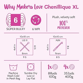 Chenillique XL Super Bulky Chenille Yarn 100g Skein (88 Yards) + Safety Eyes + Free Plushie Pattern Plush Polyester Yarn for Amigurumi, Crochet & Knitting - Spring Green