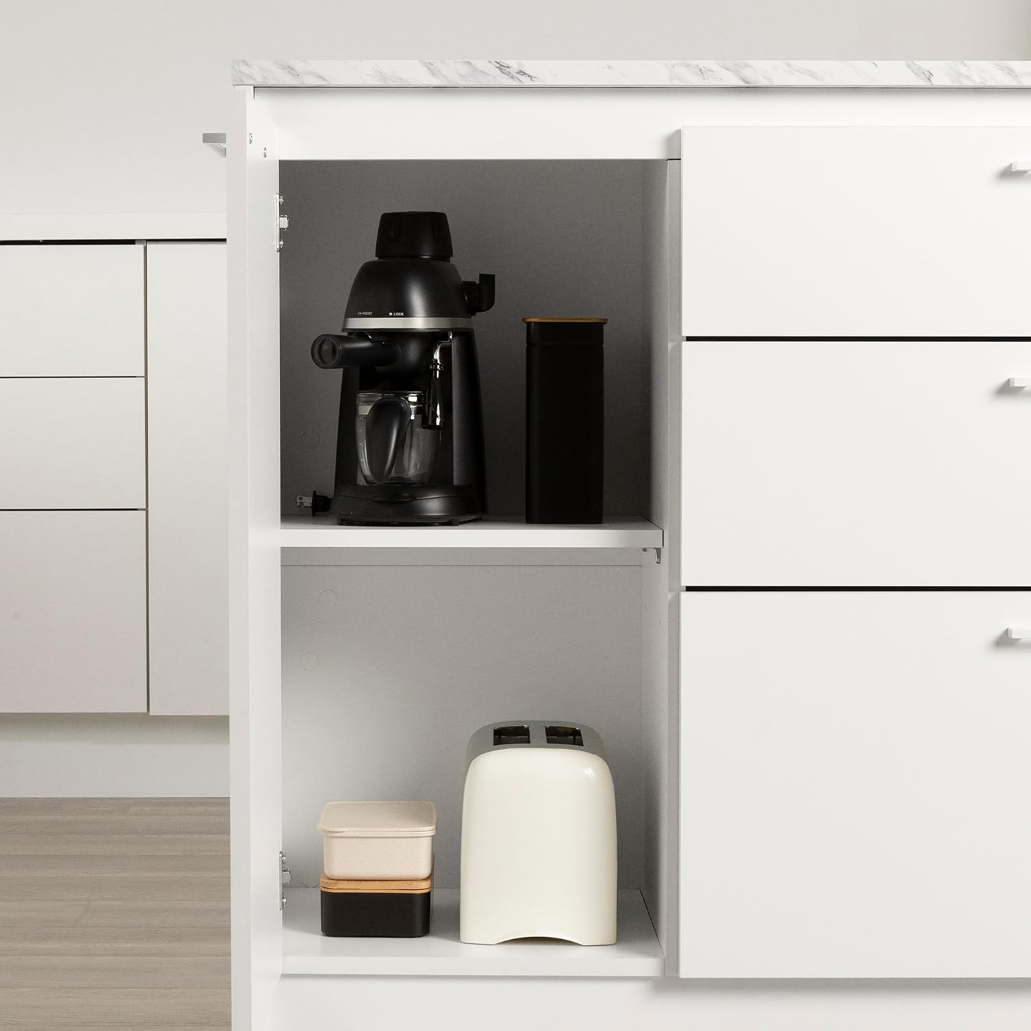 South Shore Myro Kitchen Island Faux White Marble and White, Contemporary
