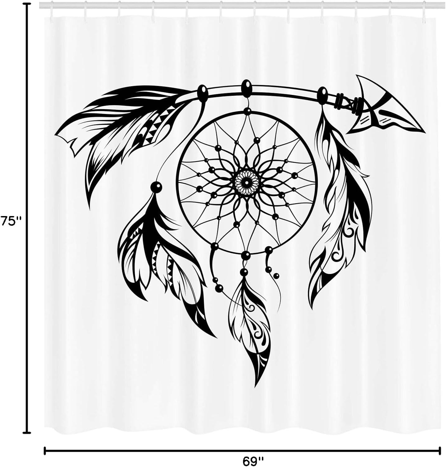 Ambesonne Tribal Shower Curtain, Hand Drawn Style Illustration of Dream Catcher Print, Cloth Fabric Bathroom Decor Set with Hooks, 69" W x 75" L, Black and White