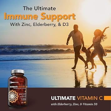 OmniBiotics Ultimate Vitamin C Supplement 2000mg with Zinc, Elderberry Extract, and D3 High Potency Immune Support & Collagen Booster 120 Vegan Tablets