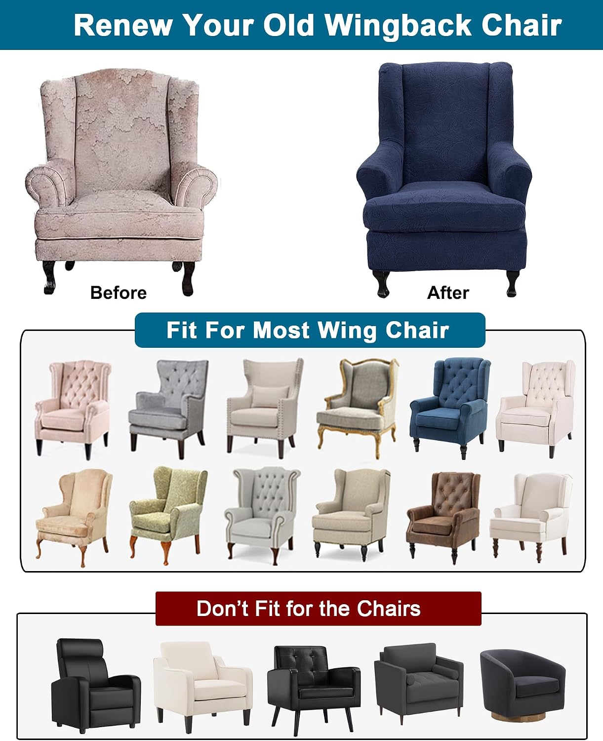 CRFATOP Wingback Chair Covers 2 Pieces Stretch Jacquard Wing Back Chair Cover Sofa Slipcover Washable Wingback Armchair Slipcovers Furniture Protector with Elastic Bottom for Wingback Chairs,B25