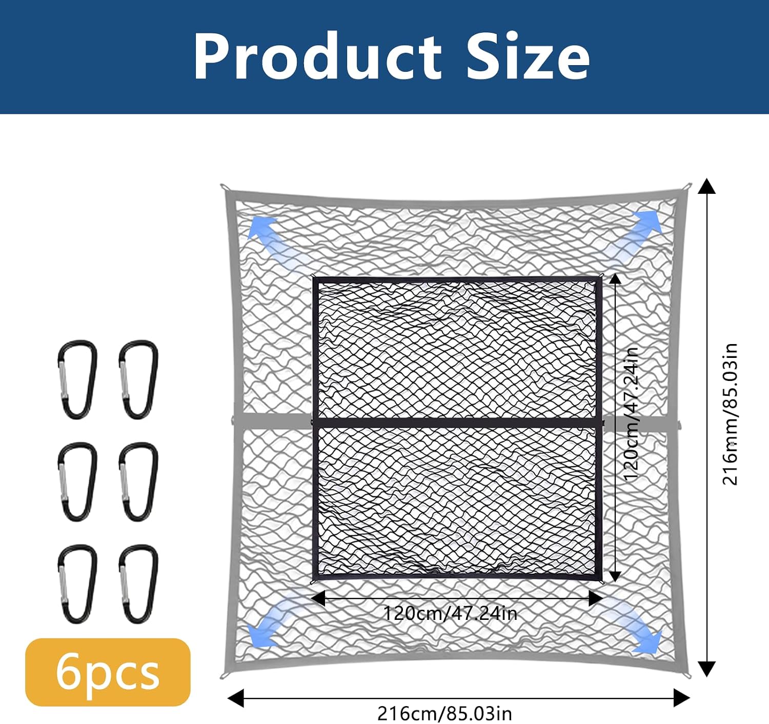 Highly Elastic Luggage Net, Truck Bed Organiser, 1.2 x 1.2 m Stretchable up to 2.1 x 2.1 m, Suitable for Daily Light Loads of Trucks, with 6 Metal Hooks for Trucks, Cars, Motorhomes (Single image 2