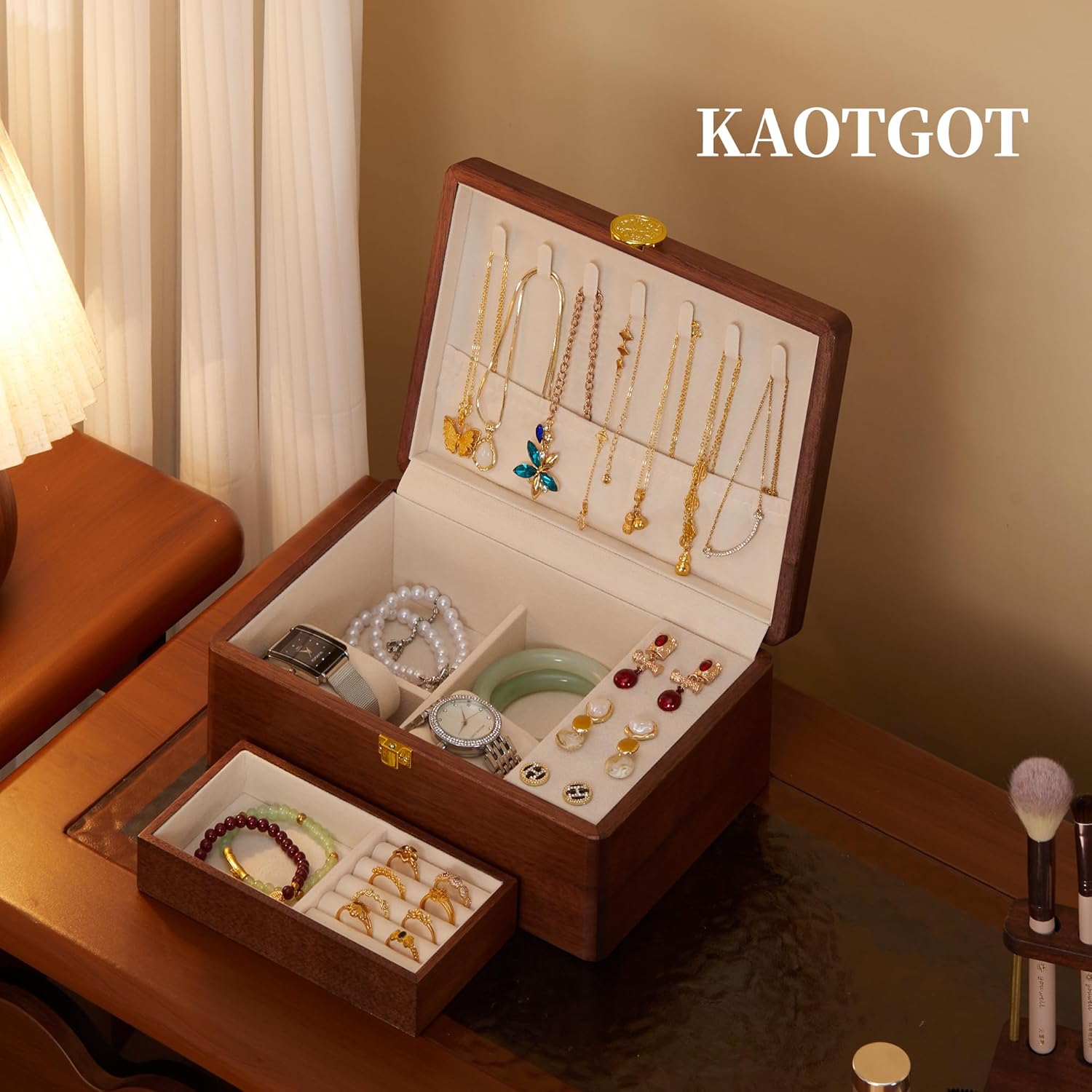 Wooden Jewelry Box For Women Jewelry Organizer Box With Lock 2 Layer Jewelry Holder Organizer For Necklace Ring Earring - Image 3