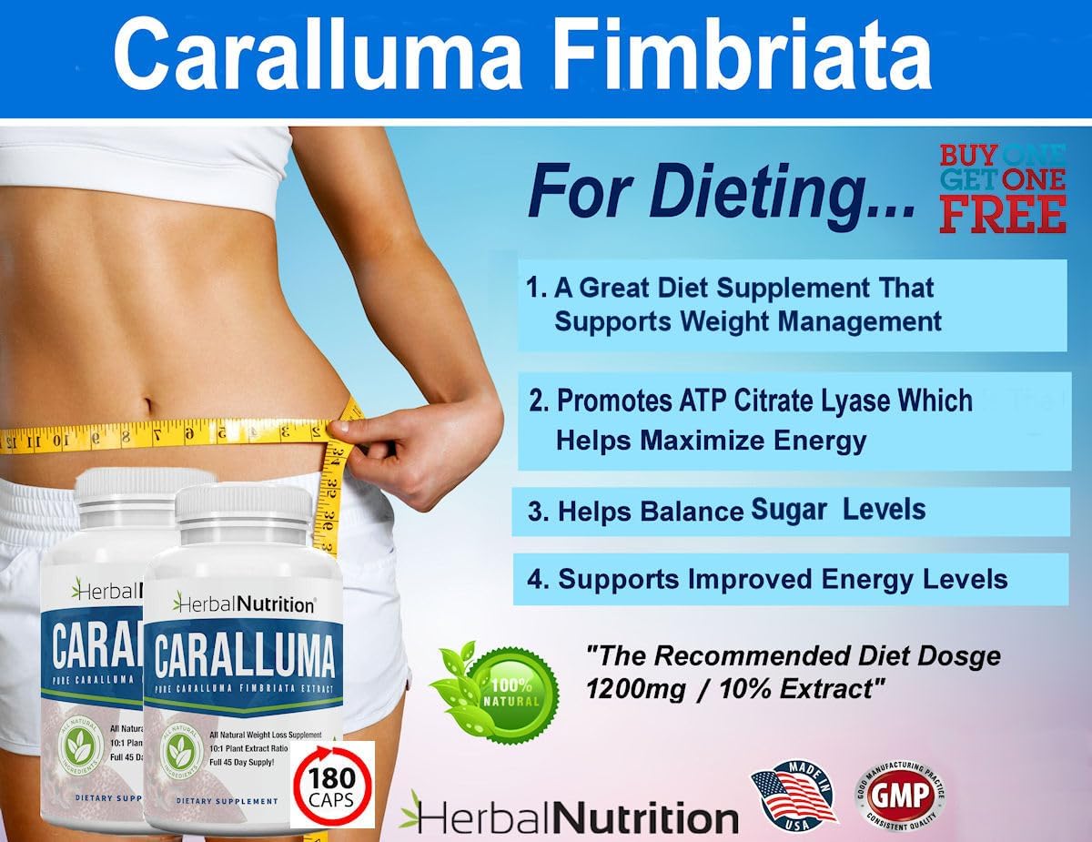 Herbal Nutrition Caralluma Fimbriata 180 Capsules Two Bottle Pack Maximum Strength 10:1 Extract Ratio 1200mg All-Natural Diet, Energy, Endurance and Weight Management Supplement