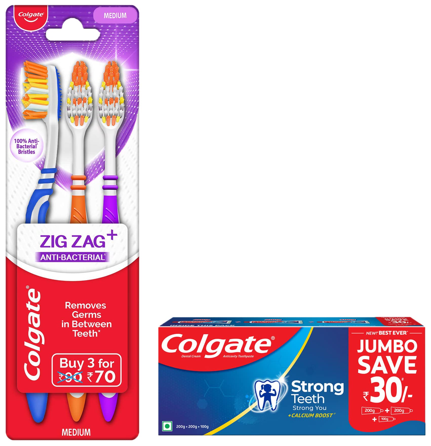 Colgate Strong Teeth Cavity Protection Toothpaste, Colgate Toothpaste with Calcium Boost, 500gm Saver Pack, India's No.1 Toothpaste & Colgate ZigZag Toothbrush - Medium (Buy 2 Get 1)