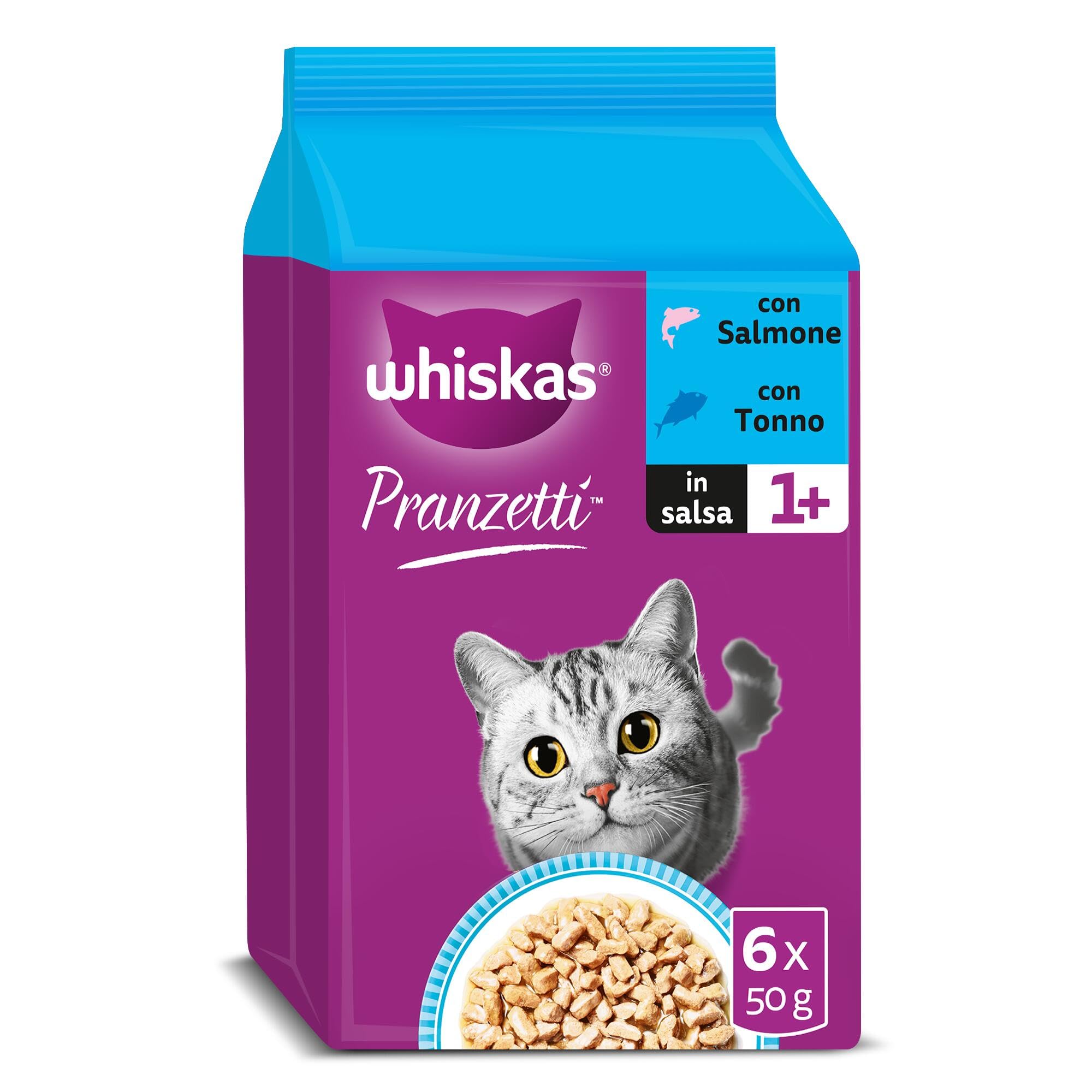 Whiskas Pranzetti Selezione di Pesce 1+ Adulto, Cibo Umido per Gatto, 12 Confezioni ognuna da 6 bustine x 50g (72 Pezzi in Totale)
