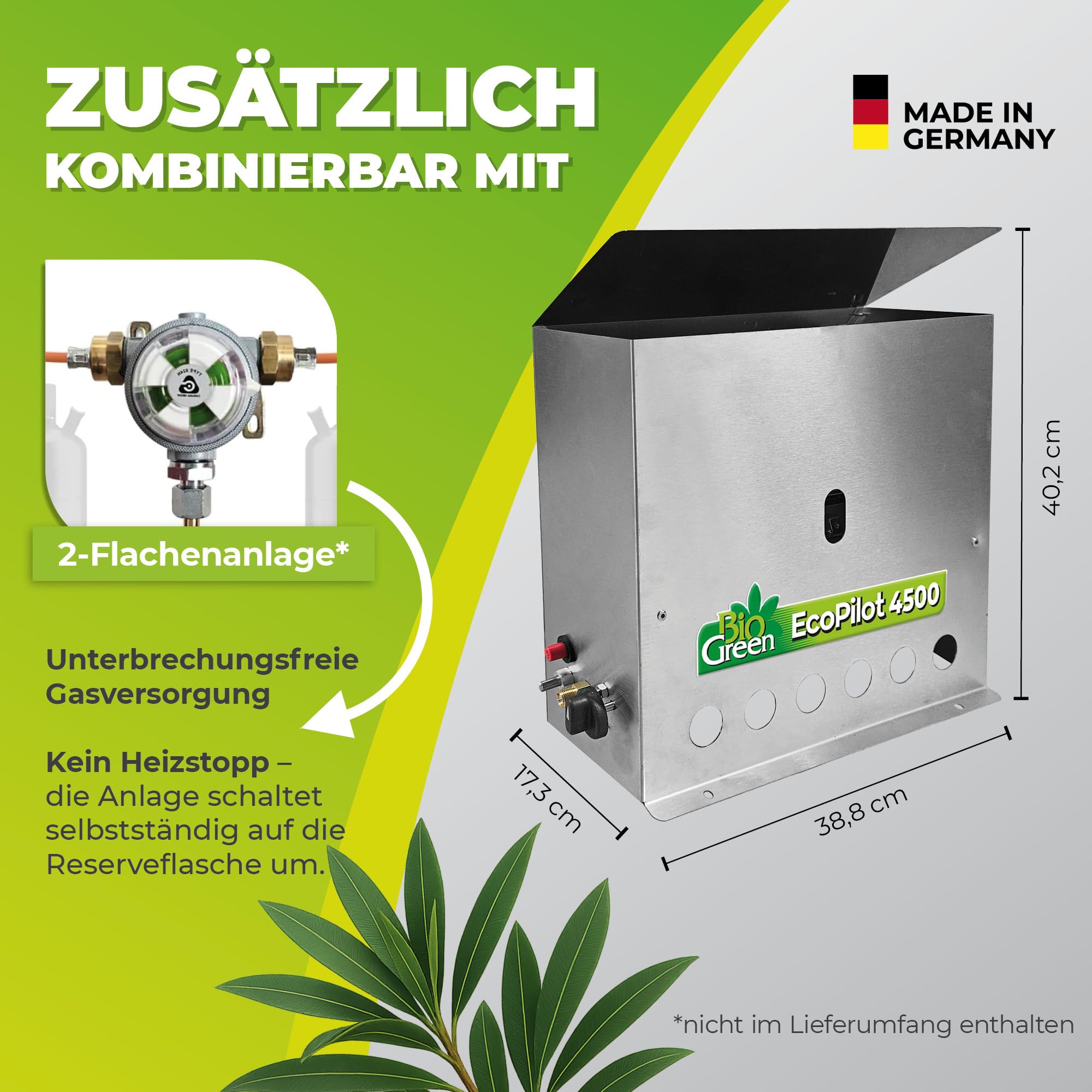 BioGreen EcoPilot 4500 Chauffage de serre à gaz 4500W acier inoxydable argenté 38x17x40 cm pour serres jusqu'à 22 m²