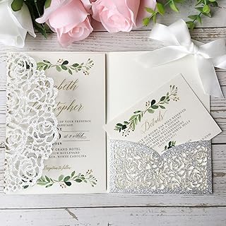 5.1 x7.1 inch 50PCS Personalized Silver Glitter Laser Cut wedding invitations with Envelopes & Hollow Rose Pocket With Ribbon & RSVP Invitation for Wedding Quincenera Invite