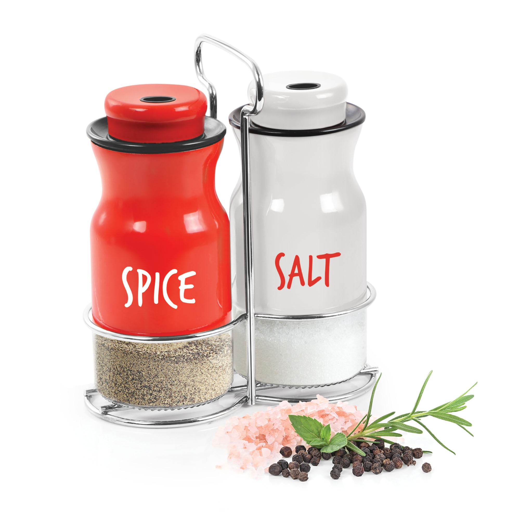 Treoby Milton Zingy Salt and Pepper Jar with Stand, Set of 2, Red & White | Food Safe | Salt | Pepper |Adjustable