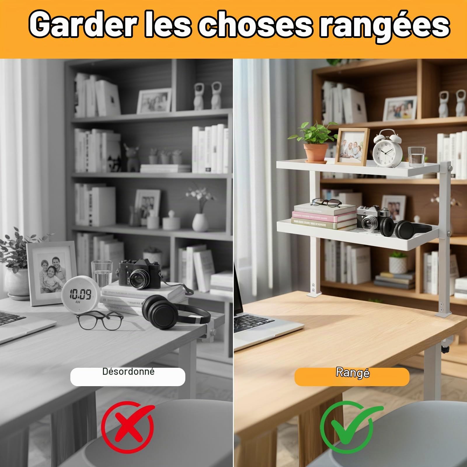 Cyiecw Clamp-on Étagère de Rangement à 2 Niveaux, Organisateur de Bureau 34 cm avec Panneau Perforé, Étagère Livre Pivotant à 270° pour la Maison, Le Bureau ou la Chambre D'étudiant, Blanc