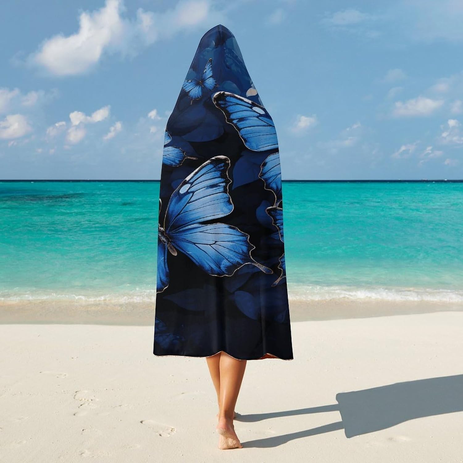 Dark Blue Butterflies Hooded Blanket Cozy And Functional,Wearable Blanket Hoodie for Women Men,Blanket Poncho Presents60 x80
