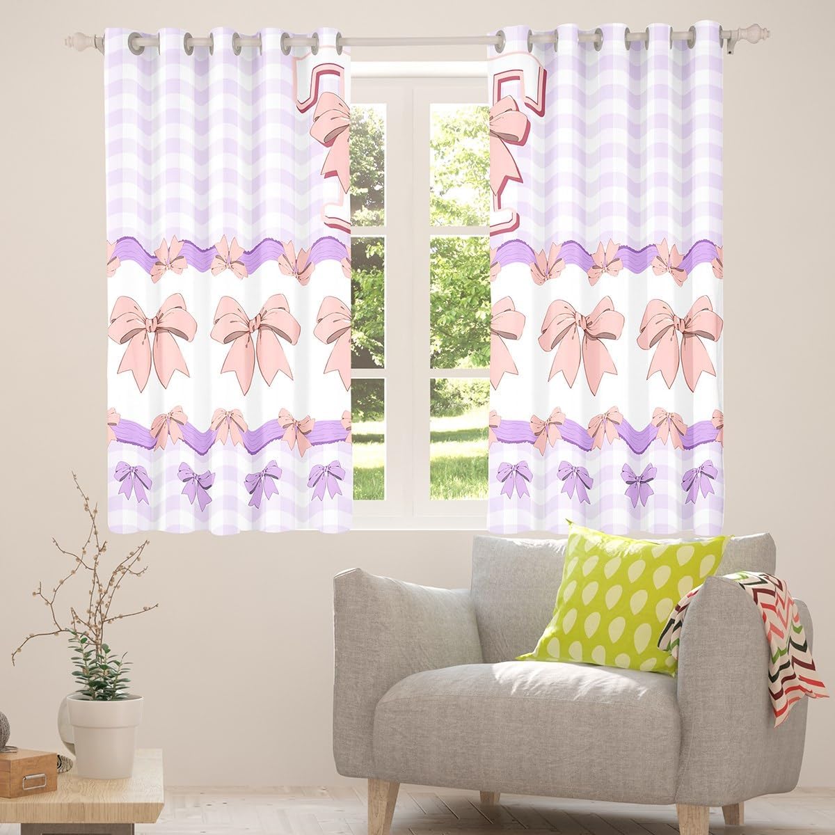 Castle Fairy Initial A-Z Blackout Window Drapes,Kawaii Bow Tie Purple Checkered Home Decor Curtains,Pink Bowknot Initial T Print Durable Blackout Window Drapes for Kids Gifts,2 Panels, 38Wx54L inch