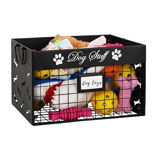 Jolensoy Dog Toy Bin Metal Dog Toy Box Home Decor Dog Toy Basket with Handles and Label Position Design for Pet Toys, Food, Clothes or Accessory (Not Included Label)