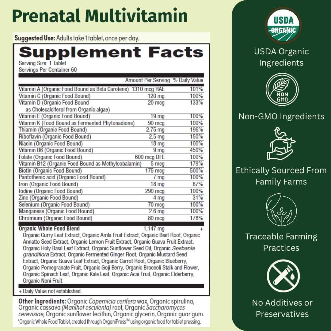 Prenatal Once Daily Multivitamin for Women for Conception, Pregnancy, Postpartum & Breastfeeding, Folate, Iron & Organic Whole Food Blend, Vegan, 30 Count - Image 2