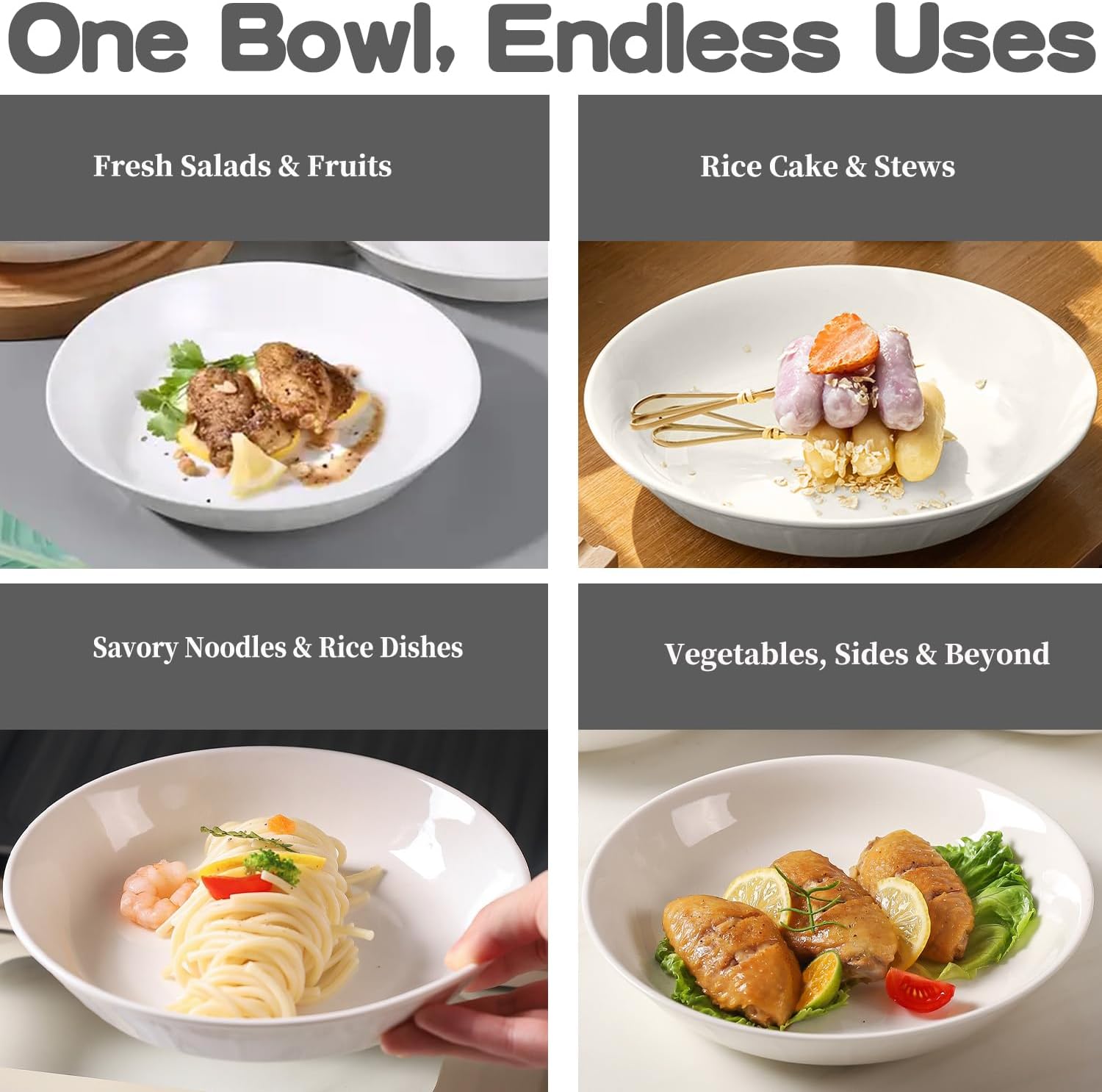 6 Pack White Ceramic Plates, 7 Inch Wide Shallow Serving Plates for Pasta, Salad, Porcelain Soup and Entertaining, Chip Resistant, Microwave and Dishwasher Safe, Cereal Ice Cream Plates