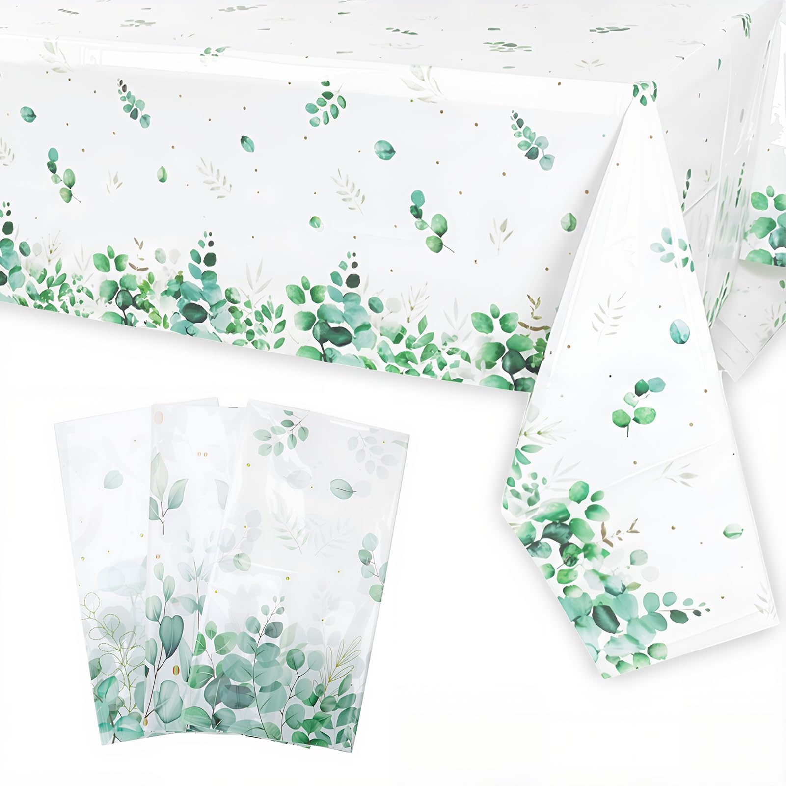 saerryor 3 Pack Sage Green Table Cloths Rectangular Waterproof Tablecloth 54'' x 108'' Plastic Eucalyptus Leaf Table Cover for Wedding, Baby Shower, Birthday Events Party Decorations — image 1