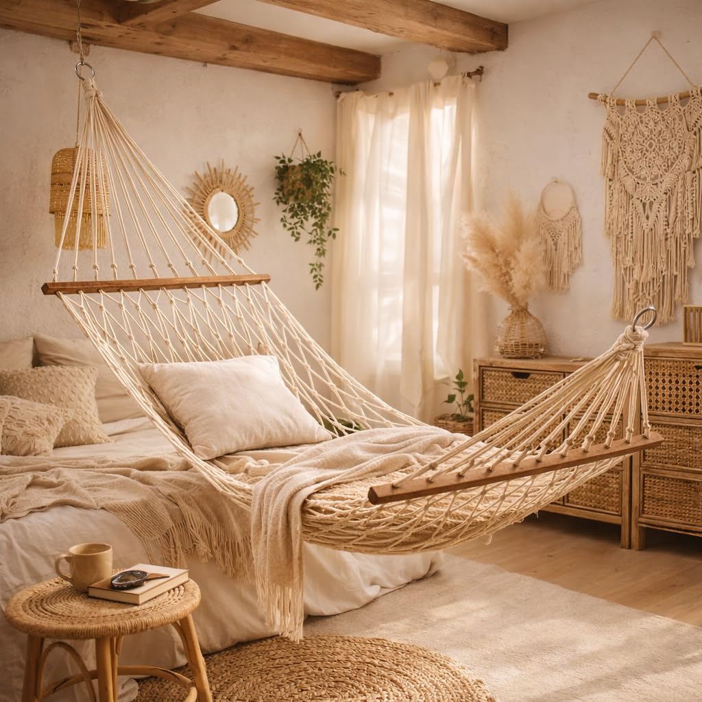 Hamaca Macramé de 270 x 80 cm (Zona Útil 190 x 80 cm) Hamaca de Red Estilo Boho para Jardín Terraza Interior Camping Campers o Caravanas Bolsa de Transporte incluida