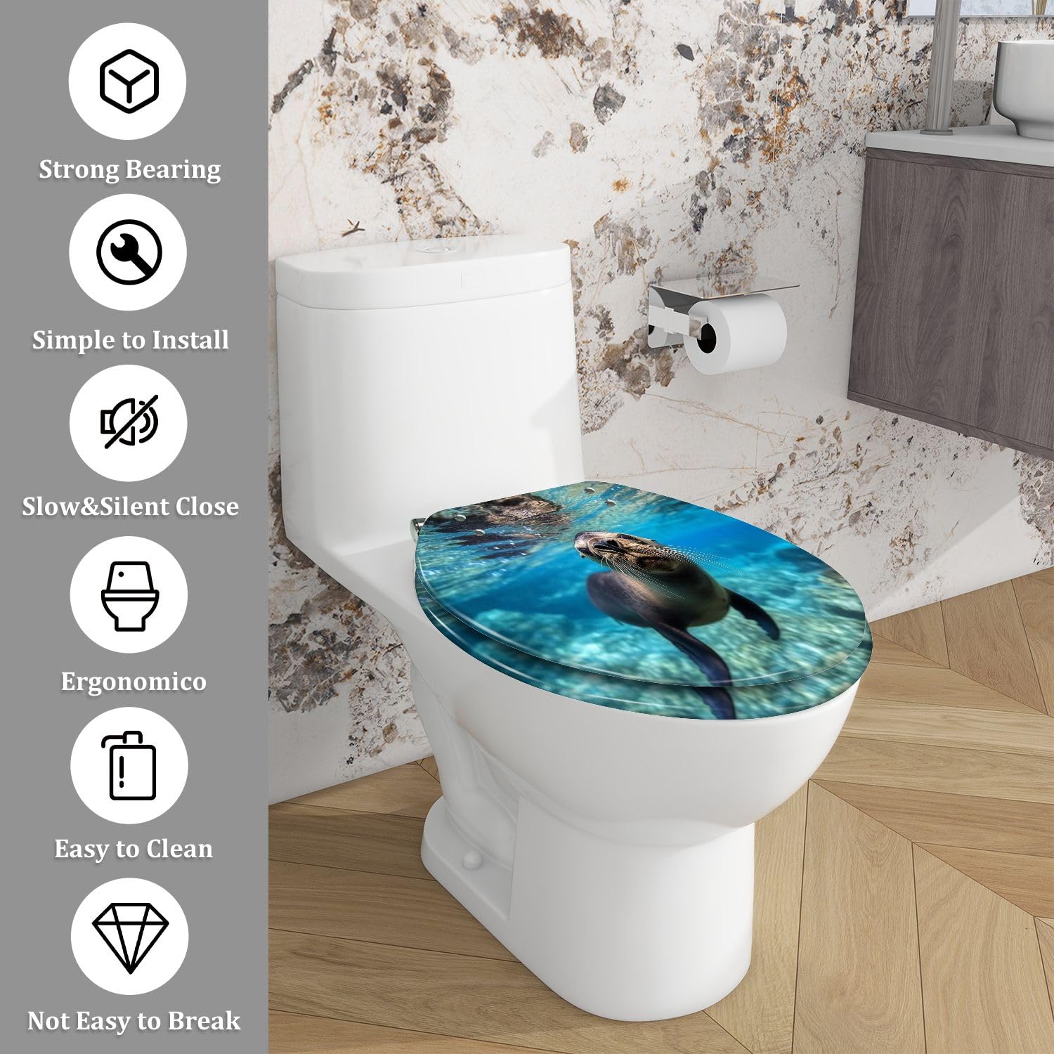 Asiento de inodoro alargado de resina con tapa para uso en el baño.