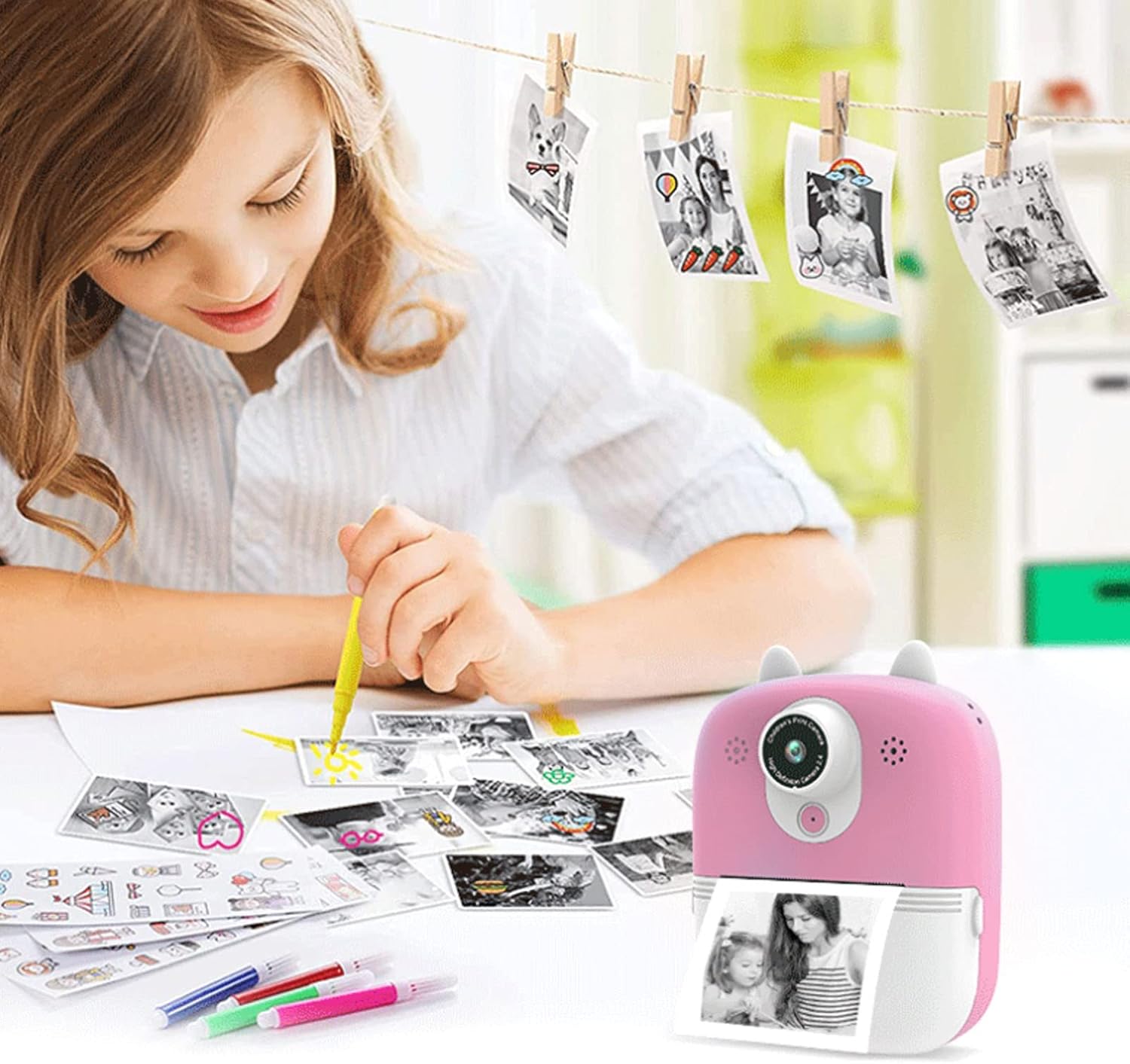 Children Digital Print Camera, 24MP 5V 1080P 720P 2.4in Display USB Kids Instant Print Camera for Girls Boys Toddler (Pink)