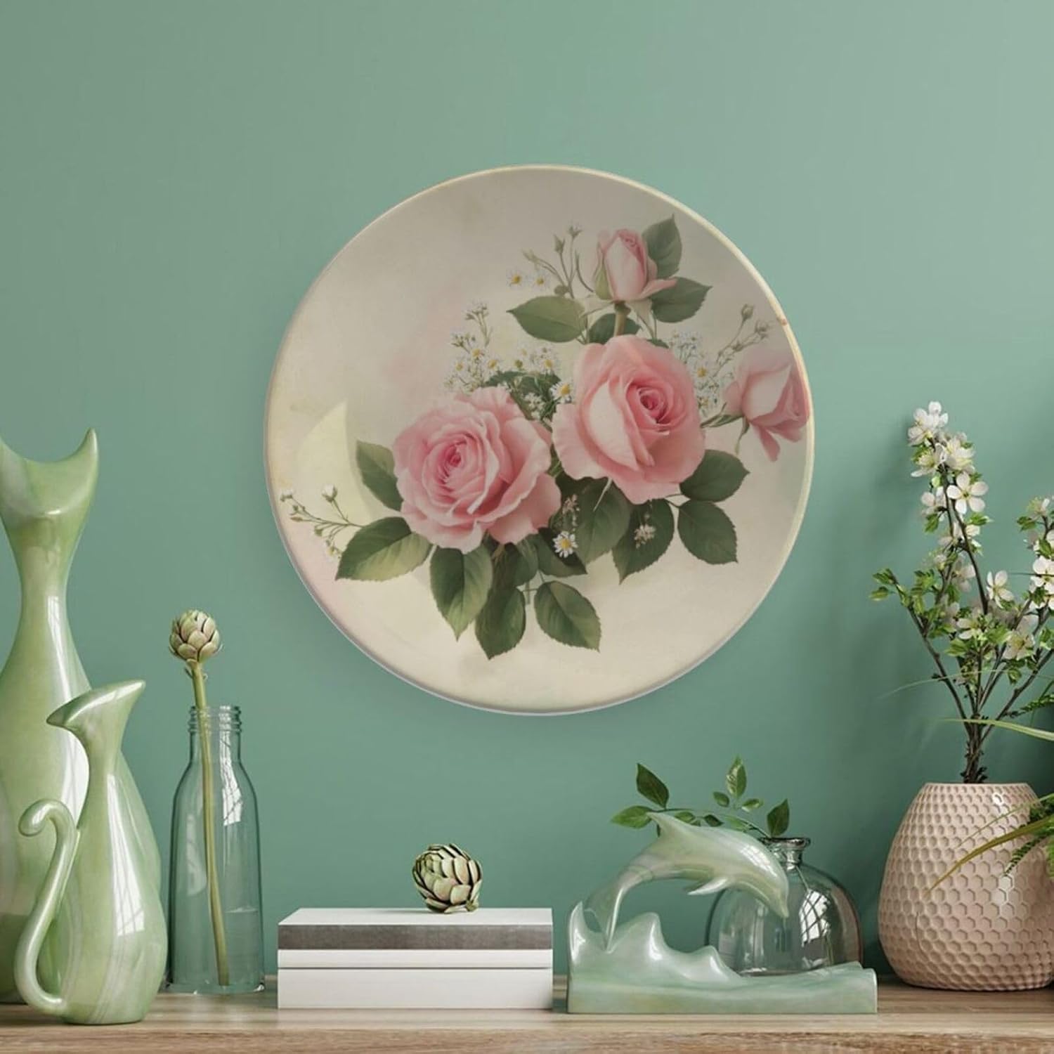 Rose Theme Decorative Ceramic Plate Round Porcelain Plate,7 inch,Floral Watercolor Pattern,for Decorative Ornaments Giving Plates,1 Plate with 1 Display Stand,Pink Green image 4