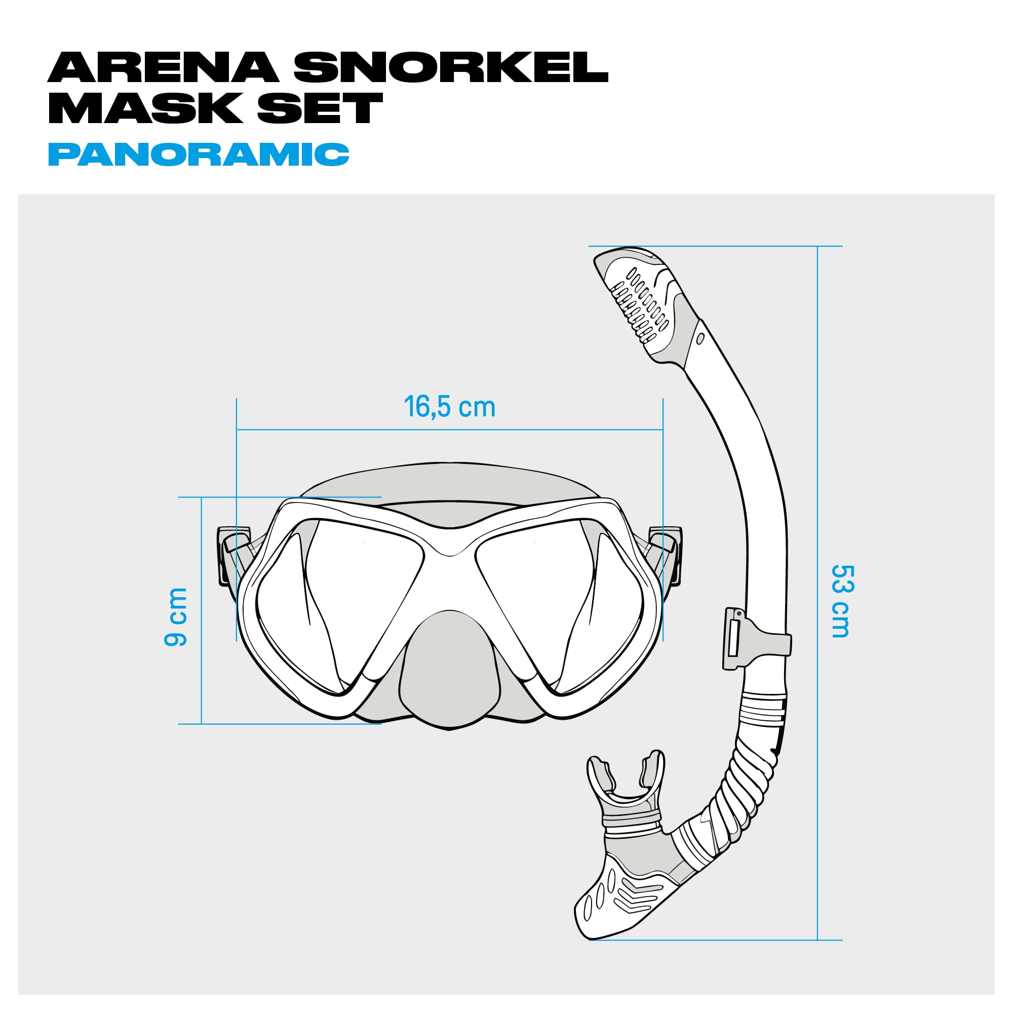 Arena Set Panorama-Maske und Schnorchel für Erwachsene, Schnorchelmaske Unisex, Panorama-Maske mit Weitem Sichtfeld, Schnorchelset mit Anti-Infiltrations-Technologie, Hypoallergenes Silikon
