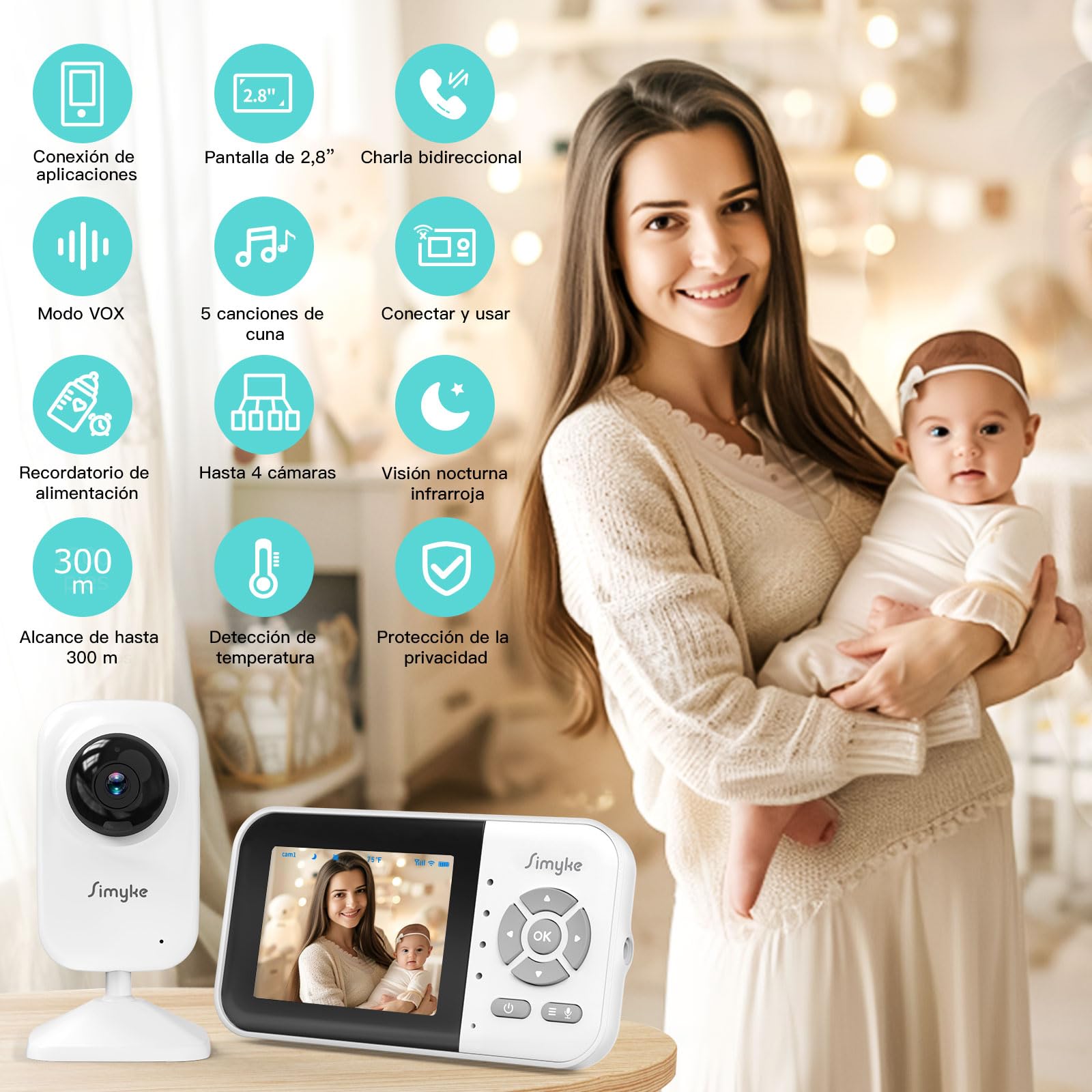 Vigilabebes con Camara WiFi y Pantalla de 2,8",Monitor Bebe con App, Audio Bidireccional,Vision Nocturna Automatica, VOX, Sensor de Temperatura, Canciones de Cuna y Largo Alcancepara el Hogar