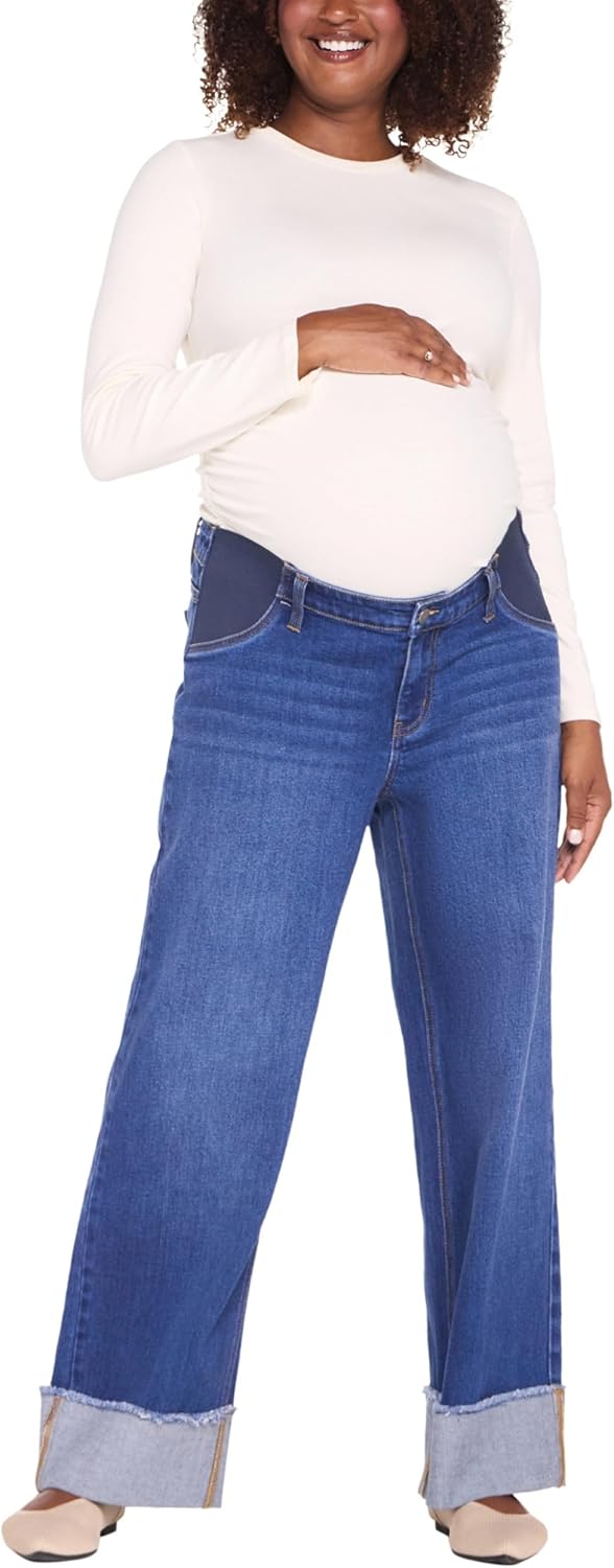 Motherhood Maternity Women's Under Belly Wide Leg Turn Up Hem Denim Pregnancy Jeans