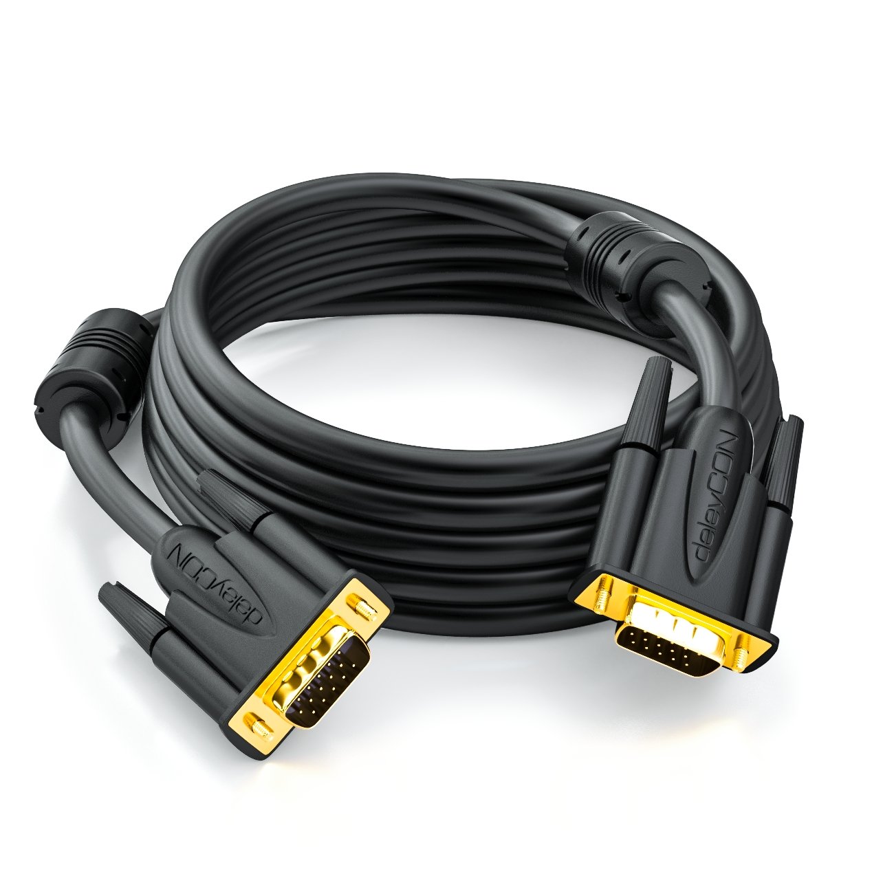 deleyCON 0,5m VGA Cavo 15Pol - S-VGA Cavo per Monitor Innesto D-Sub 1080p Full HD 3 Volte Schermato Riparo da Pieghe Contatti Dorati - Nero