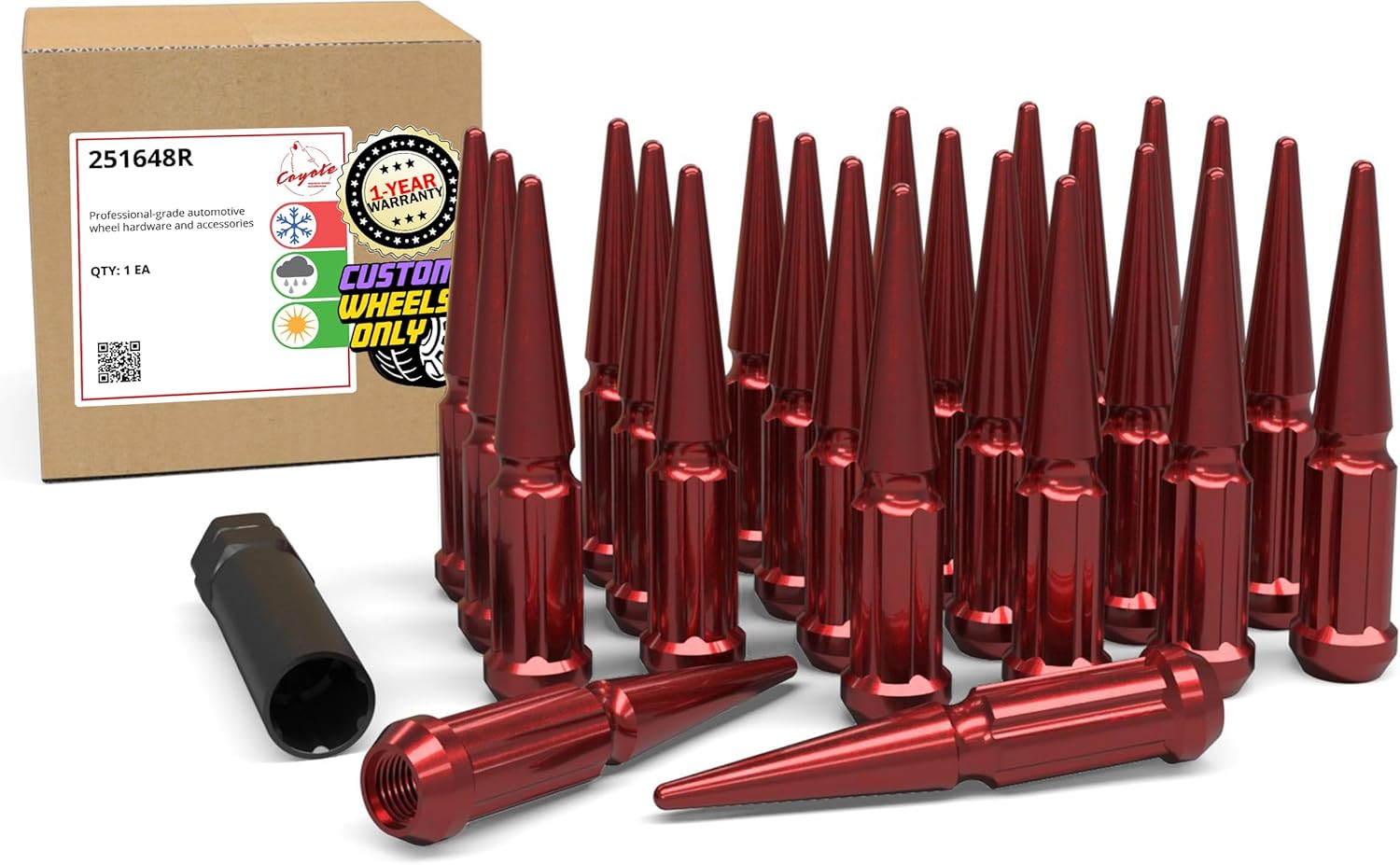 M14x1.5 Spike Lug Nuts 24Pcs, 4.4" Long, Truck Spline Hex, 60° Conical Seat