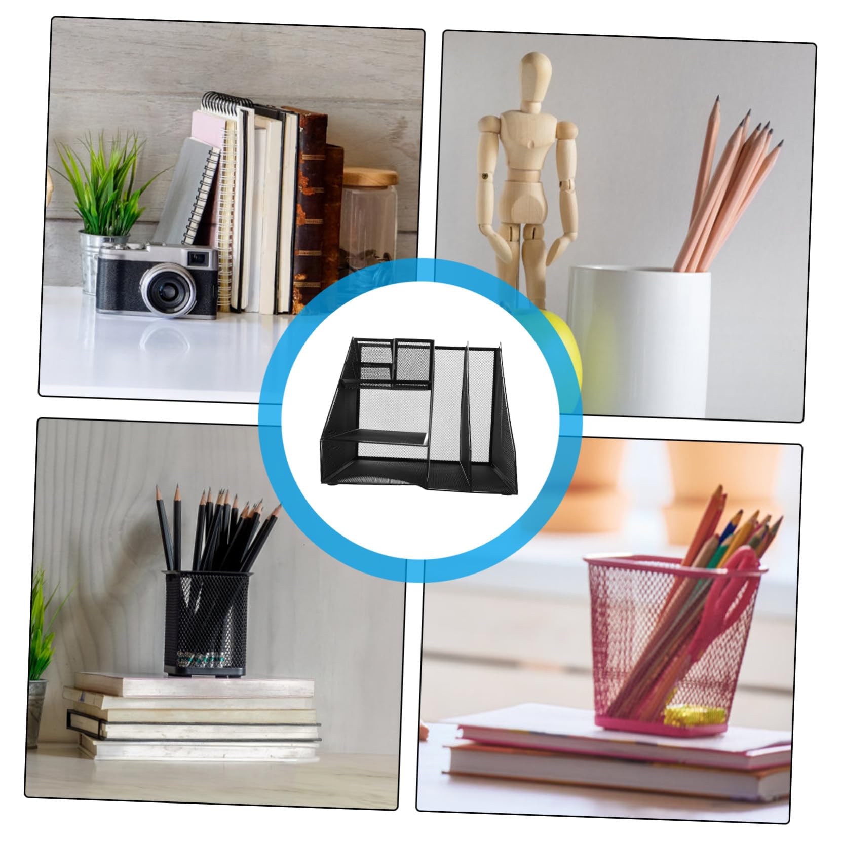 IMIKEYA Organizer da Scrivania in Metallo con Rete Portadocumenti e Porta Penne Laterale Supporto Multi-scomparto Durevole per Ufficio e Casa