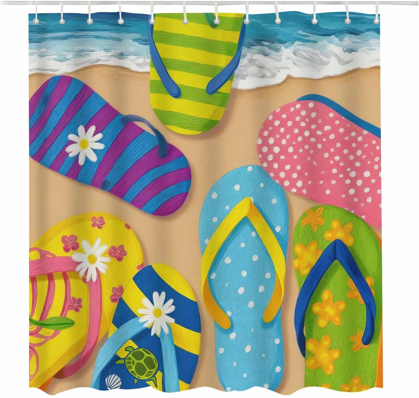 Flip Flops Shower Curtain Beach Sand Colorful Cool Summer Slipper Fashion Fabric Bath Curtain Bathroom Printing Decor Set with 12 Hooks Standard Size 72×72 Inch