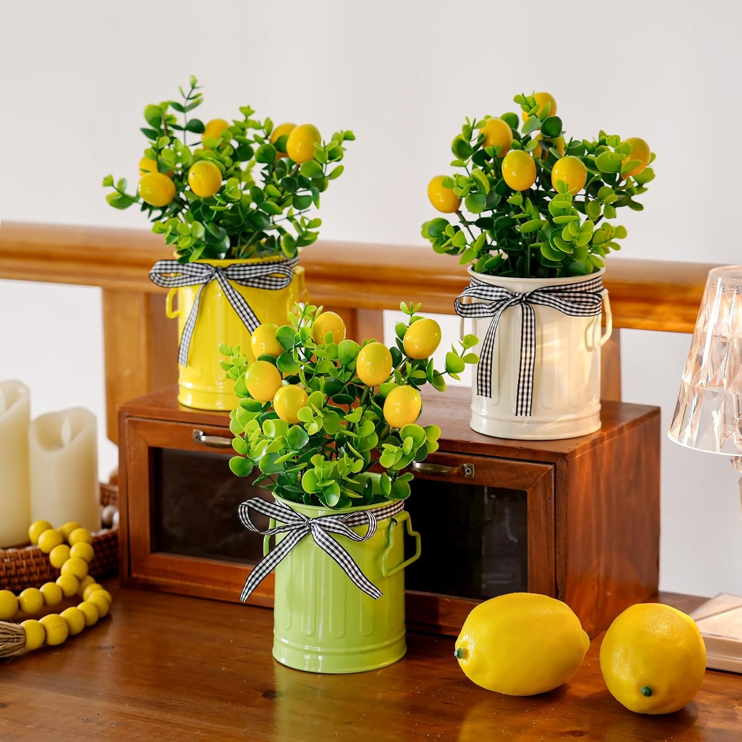 3 Pack Spring Lemon Decor for Kitchen, Artificial Lemons Branches with Colorful Metal Pots, Spring Summer Farmhouse Greenery Decoration for Home Kitchen Living Room