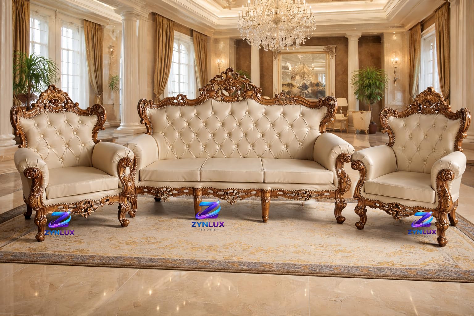 Royal Carved Wooden Sofa Set | 3+1+1 Seater | Antique with Button Tufted Velvet Upholstery | Victorian Style Living Room Furniture Tufted Sofa Set Grey 3-Piece (Design 9) (Design 7)-image-17