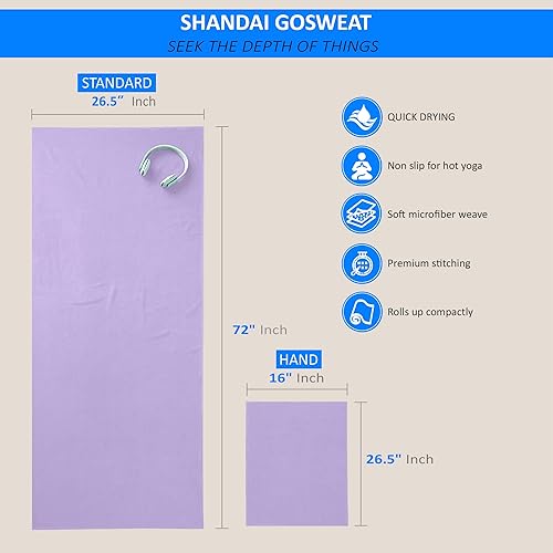 Vista 2 de Shandali GoSweat Non-Slip Hot Yoga Towel with Super-Absorbent Soft Suede Microfiber in Many Colors, for Bikram Pilates and Yoga Mats. Violeta