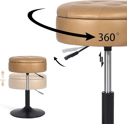 Miniatura 5 de Homebeez Taburete redondo ajustable de Leathaire, taburete giratorio de 360, taburete de maquillaje, silla de tocador (amarillo tierra)
