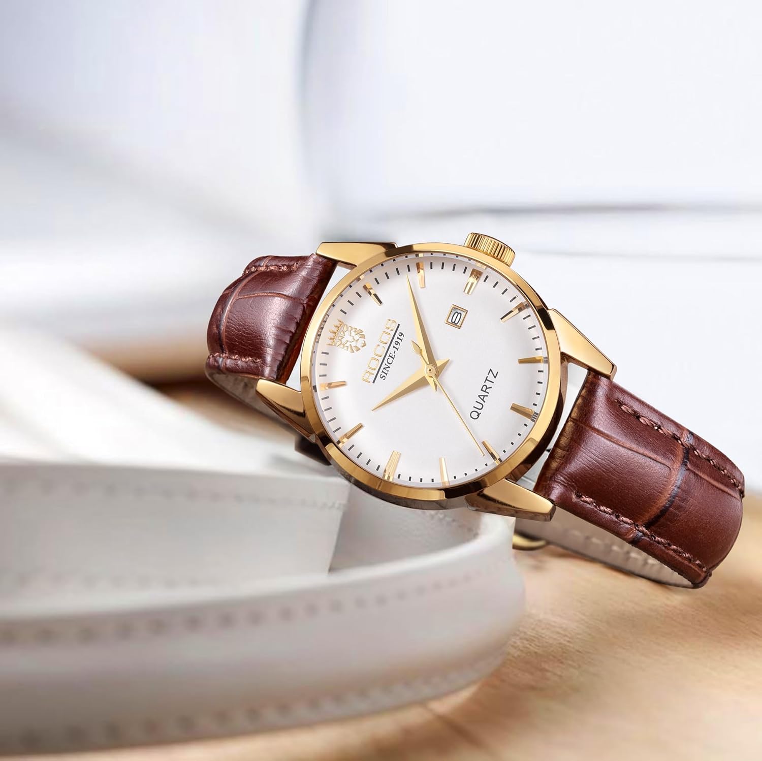 R0101L Women's Classic Watch,Brown Leather Watches for Women, Ladies' Analog Watch,White Dial Easy Read,Luxury Derss Watches,Water-Resistant,Gift for Her - Image 3