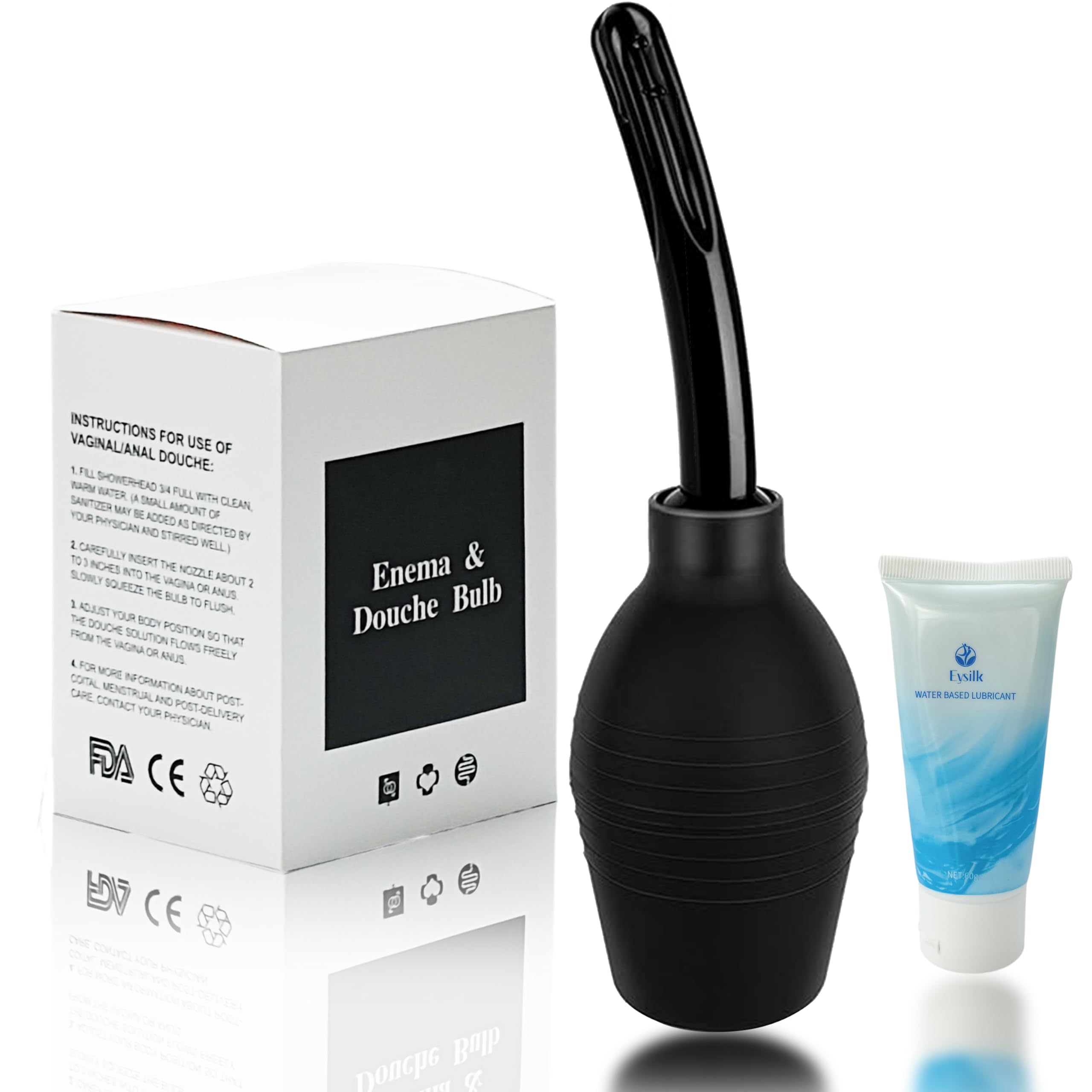 Anal Douche Enema Bulb for Men and Women, Comfortable Material Silicone Reusable Clean and Leak-Proof,Enema Bulb with 8 Rinsing Holes ,310ml Douche Enema Bulb with 60ml Lubricant,Black(310ML)