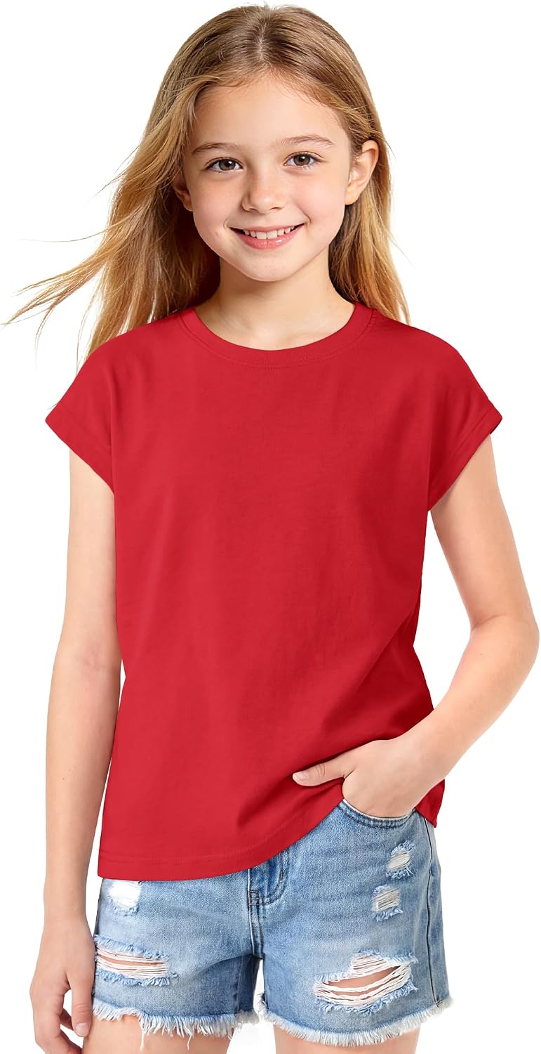 KEREDA Girls Short Sleeve Shirts Summer T-Shirts Tees Tops Cap Sleeve Girls Casual Clothes 5-14 Years