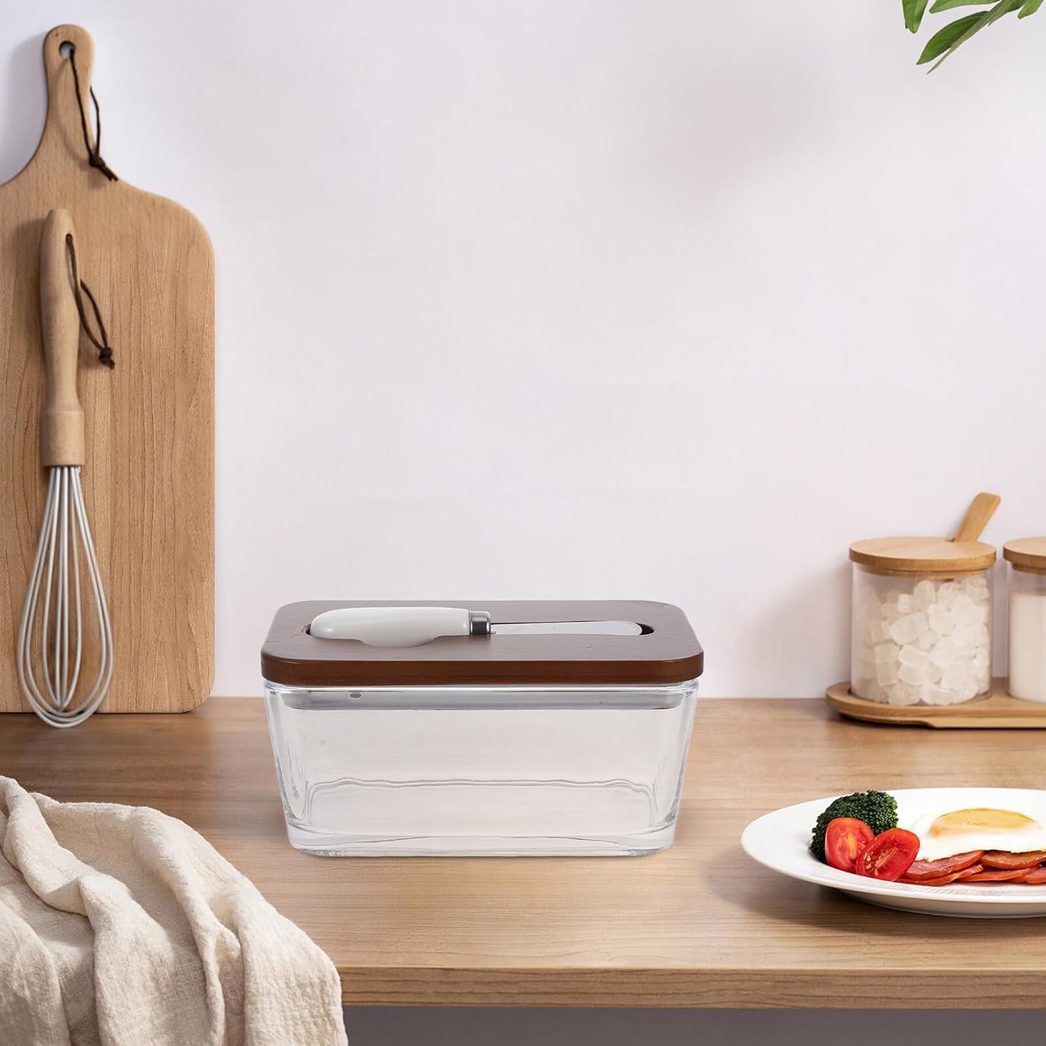 Glass Butter Dish with Lid and Knife Set Airtight Glass Butter Keeper for Refrigerator and Countertop Storage for Freshness Preservation