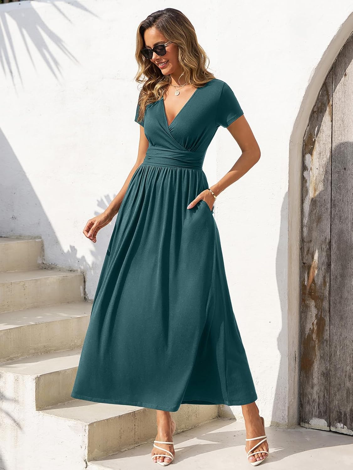 Gracyoga Women's Summer Dresses 2025 Short Sleeve Maxi Dress Casual V Neck Flowy Sundress with Pockets - Image 2