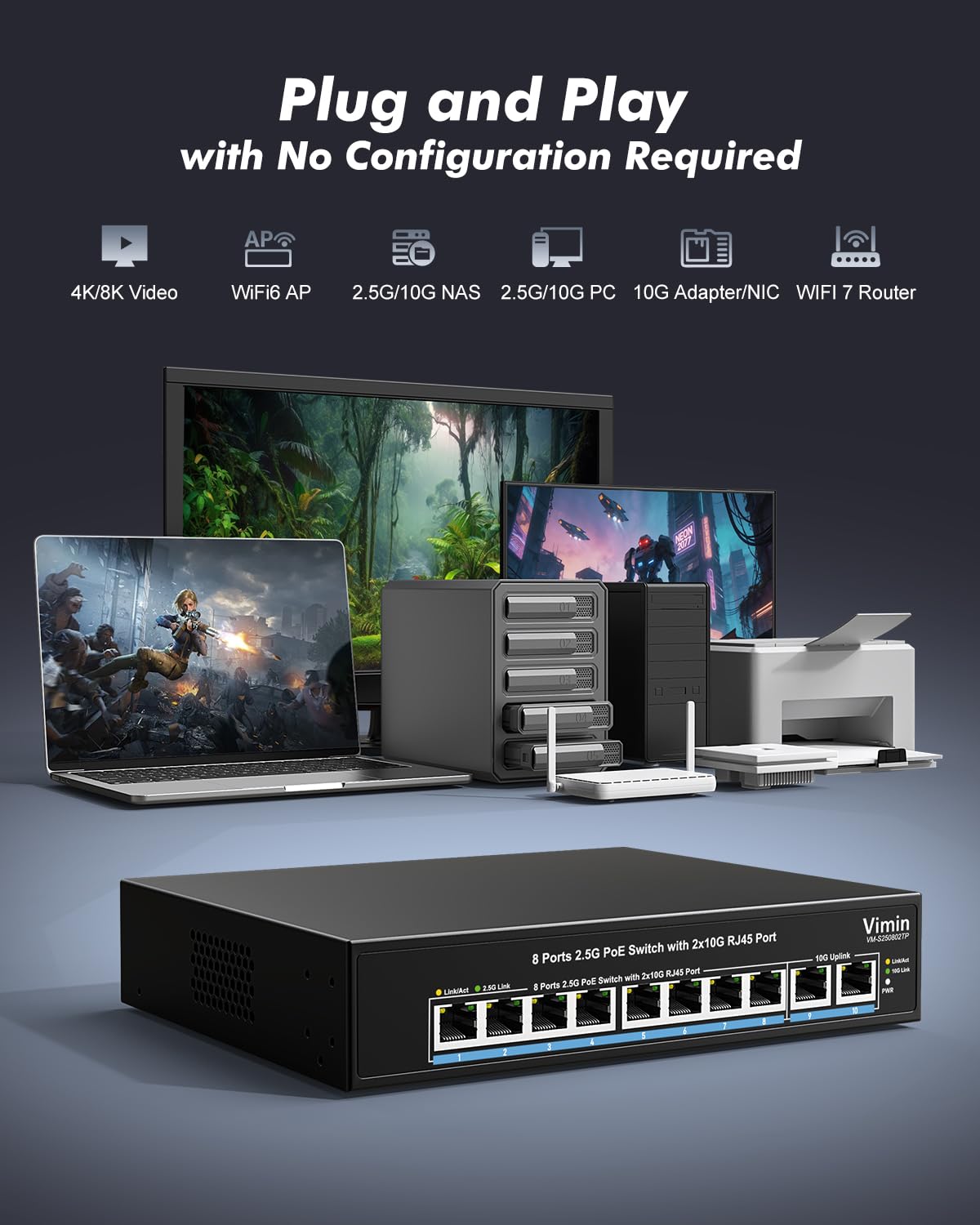 Switch PoE+ 8 Porte 2,5G | 2 switch RJ45 uplink 10G | Capacità di commutazione 80Gbps | Plug & Play non Gestito | Conforme IEEE 802.3af/at | PoE da 150 W per reti ad alta velocità e dispositivi PoE