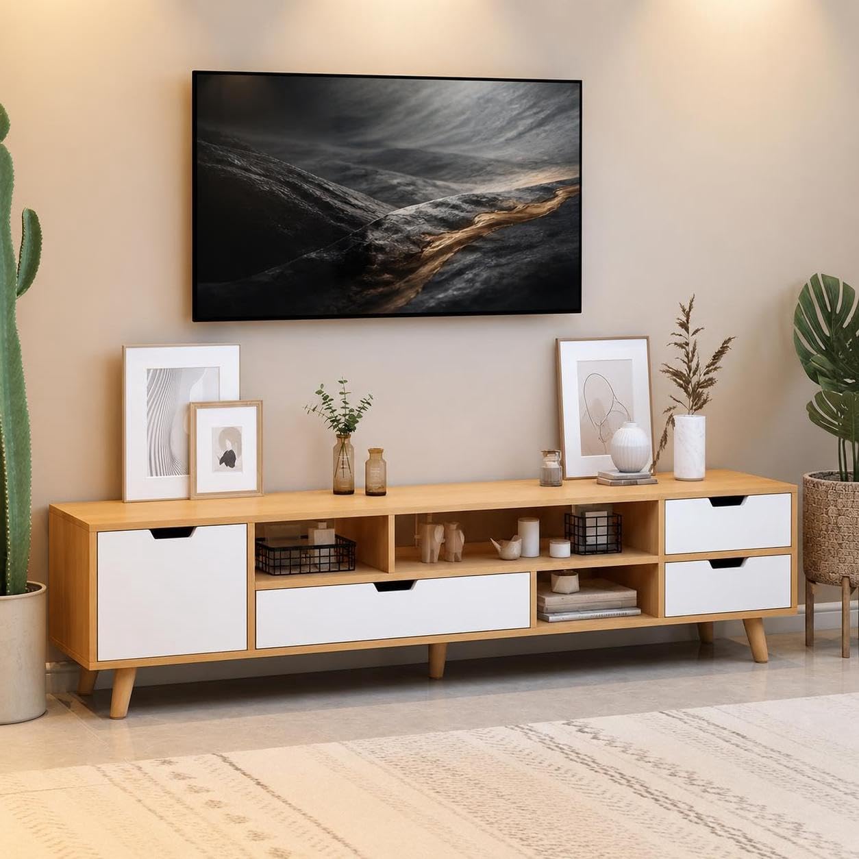 Mobile TV Minimalista Nordico con Gambe in Legno Massello, Mobile per Soggiorno Basso da Terra, Arredo Moderno per Piccoli Spazi