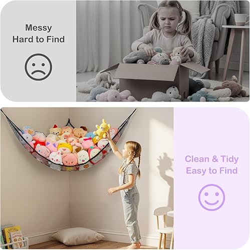 Miniatura 2 de Basumee Red de animales de peluche o hamaca con luz LED, hamaca de red de juguetes para almacenamiento de animales de peluche, hamacas para cuarto
