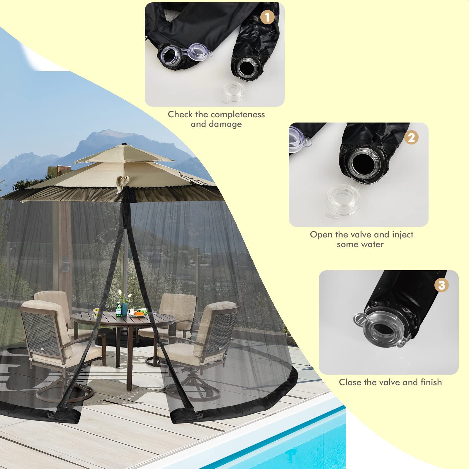 LIFEZEAL Zanzariera Ombrellone da Giardino, Zanzariera Gazebo da Patio, Regolabile, Schermo Rete per Esterno Anti Zanzara, Mosche, AntiVento, 2 Aperture a Cerniera, Stabile Base,12,5x2,3m, Nero