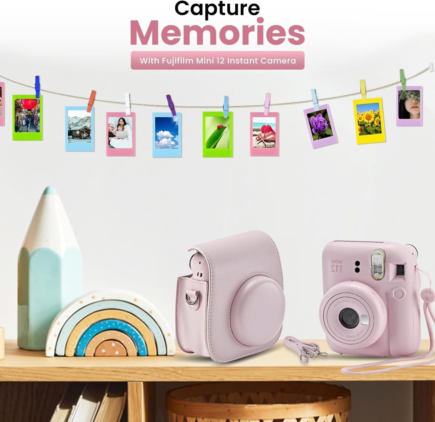 Fujifilm Instant Mini 12 Instant Camera + BluebirdSales Accessory Bundle & Compatible Custom Case + Fuji Instant (20 Shots) Designer Mini Photo Album (60 Pockets) (Blossom Pink)